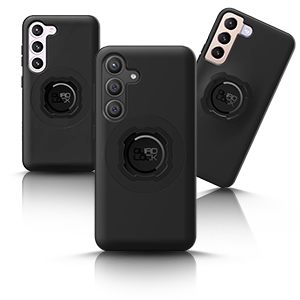 Drei schwarze Quad Lock-Handyhüllen für verschiedene Samsung-Smartphone-Modelle.